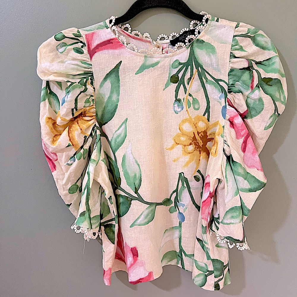 Rachel Roy linen blend balloon sleeve floral blouse button back size SM